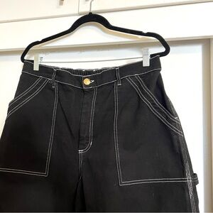 Big Bud Press carpenter pants in petite length. Black with contrast white stitch